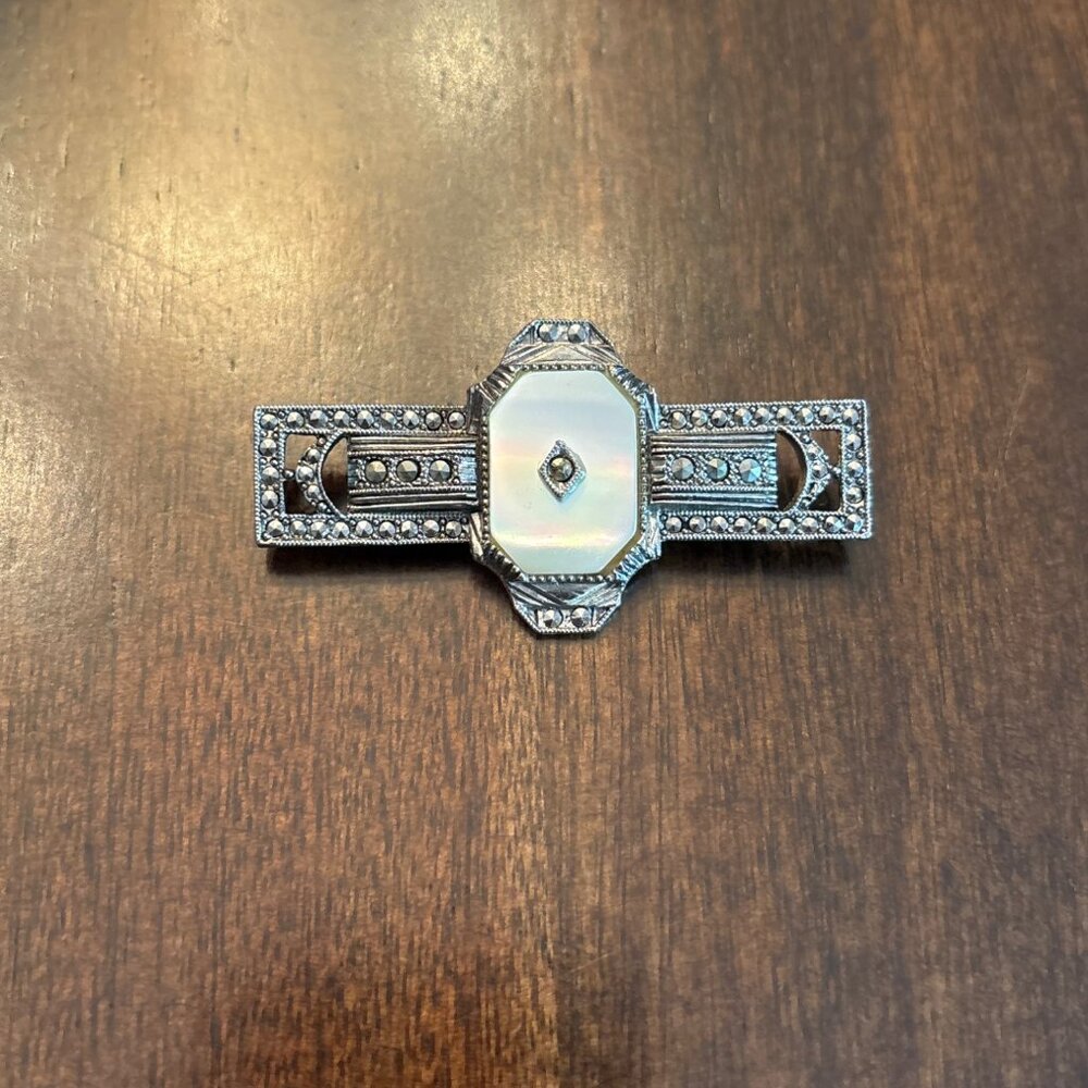 Vintage Art Deco Revival Mother of Pearl and Faux Marcasite Bar Brooch